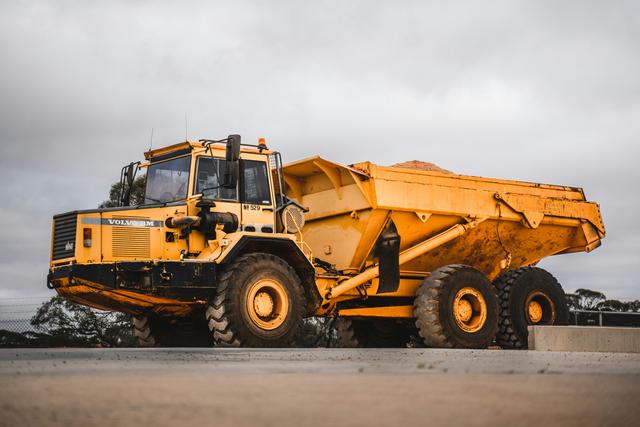 A large Volvo dump truck.